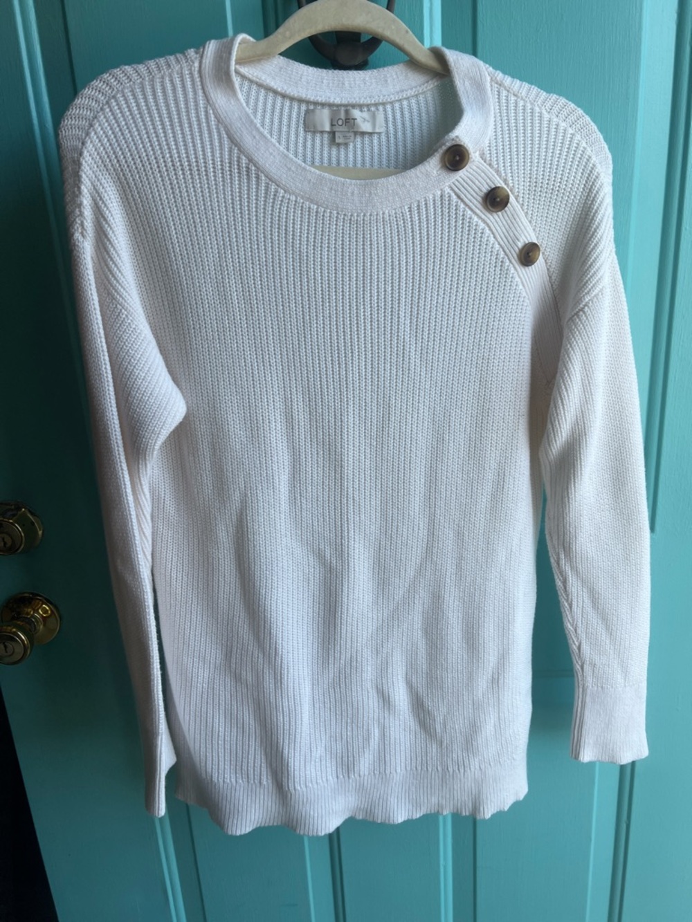 LOFT Cream Ribbed Knit Sweater with Shoulder Buttons